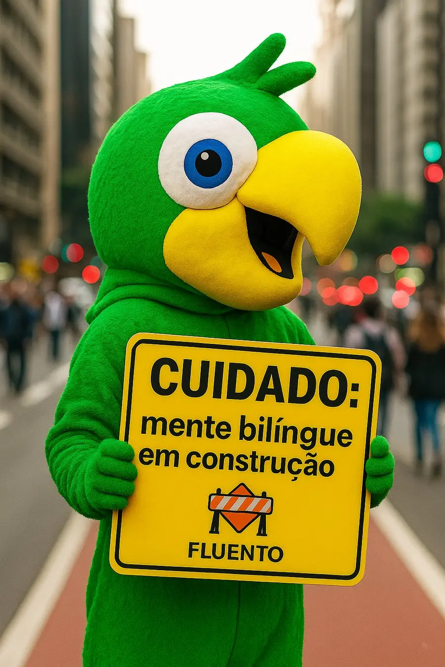 Mascote do Fluento, o app de estudos da Aliança Suíça